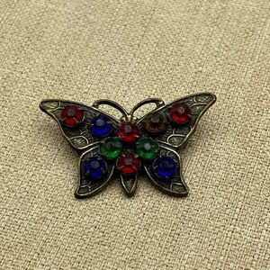 Vintage prong set glass stone bronze Butterfly brooch